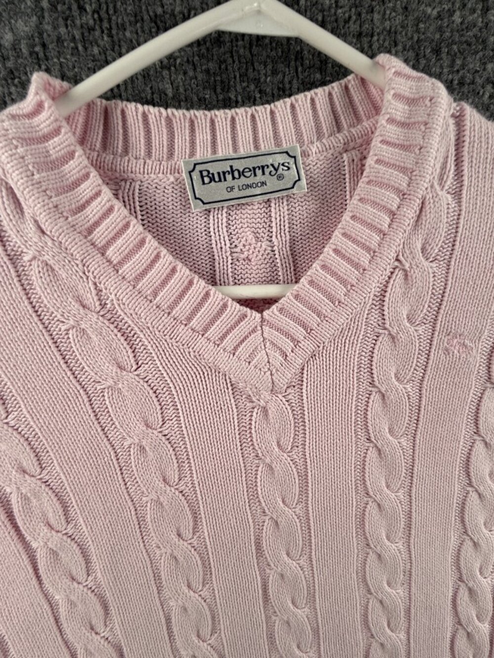 Burberry Cable Knit Pink Medium V-Neck Logo Pullover Sweater Long Sleeve Knit - Picture 2 of 16